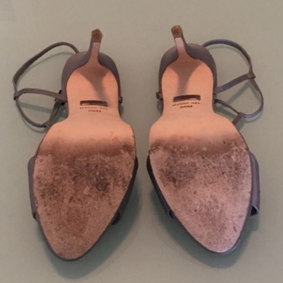 Badgley Mischka Amara Platform Crystal Beaded Ankle Strappy Heels Gray Satin - Picture 5 of 5